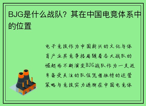 BJG是什么战队？其在中国电竞体系中的位置