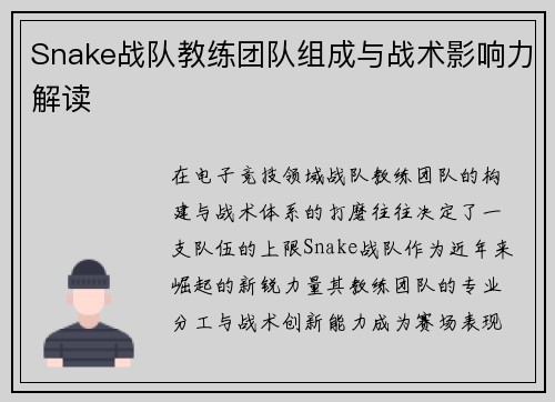 Snake战队教练团队组成与战术影响力解读