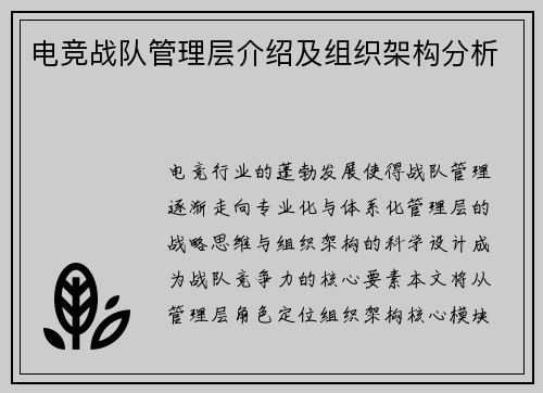 电竞战队管理层介绍及组织架构分析
